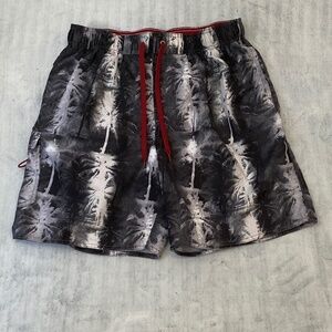 Docker's Mesh Lined Swim Shorts Grayscale Palm Tree Print Thigh Pocket Sz Large